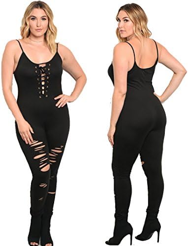 WFS Trendy Woman's Black Plus Size Distressed Jumpsuit Bodysuit Gothic Goth Torn trashed