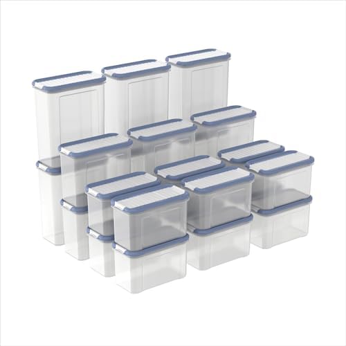DOMINO - Juego de 24 botes de almacenamiento con tapa hermética, aptos para lavavajillas, transparente/azul
