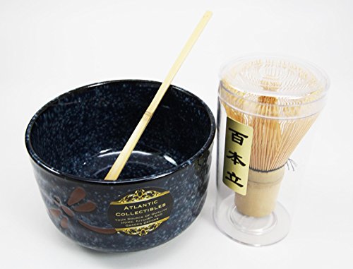 Atlantic Collectibles Traditional Japanese Tombo Dragonfly Blue Matcha Tea Ceremony Set With Wooden Whisk and Spoon