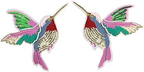 JUBRAY 1pair Sew On Sequin Embroidered Hummingbird Patch Bird Motifs Beaded Decoration 3d Sewing Patches For Clothing Applique 18x17cm White AC0656