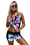 Aleumdr Womens Floral Printed Zip Front Tankini Swimsuits with Swim Shorts S - XXXL Plus Size
