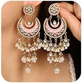Missgrace Bohemian Indian Red Blue Rhinestone Dangle Teardrop Tassel Moon Long Earrings for Women Vintage Retro Chandelier Faux Pearls Earrings Beaded Crystal Jhumka Jhumki Tassel Studs Traditional Earrings for Women