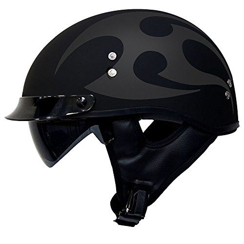 Voss 888FRP Matte Two Tone Tribal Low Profile DOT Half Helmet with Drop Down Sun Lens and Metal Quick Release for Cruiser Street Bike Men and Women - M - Two Tone Black