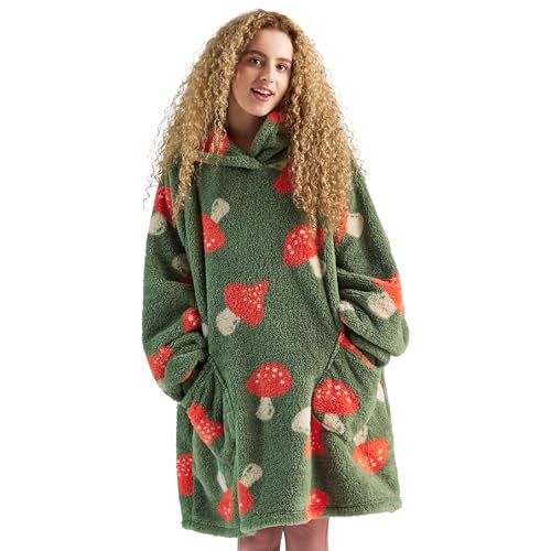 BEDSURE Hoodie Decke mit Ärmeln Geschenke Grau-olivgrün - 95x85 Pilz