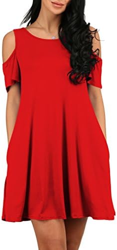 MONIKEEN Women's Summer Cold Shoulder Loose Casual Swing T Shirt Dress Top With Pockets