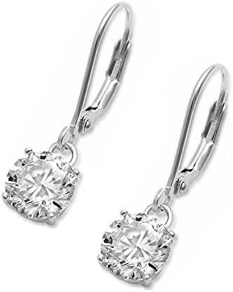 Sterling Silver Drop Dangle Round Cubic Zirconia Lever Back Earrings - 3mm