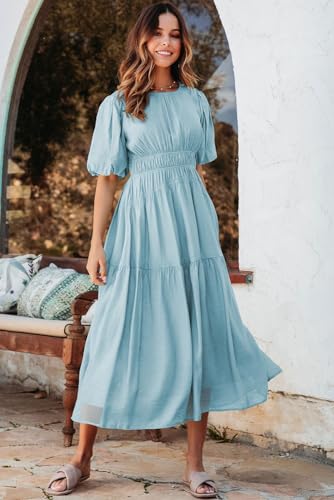 ALVAQ WOMENS DRESS FASHION 2024 CASUAL SHORT SLEEVE SMOCKED MIDI DRESS SUMMER HIGH WAIST FLOWY SWING BOHO LONG DRESSES LIGHT BLUE MEDIUM