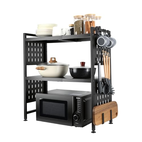 Heemli Suporte Organizador para Microondas e Especiarias, Escalável Prateleira de Cozinha em Aço Carbono Preto, Multifuncional 3 Níveis com Gancho para Utensílios Armazenar(44-68cm)