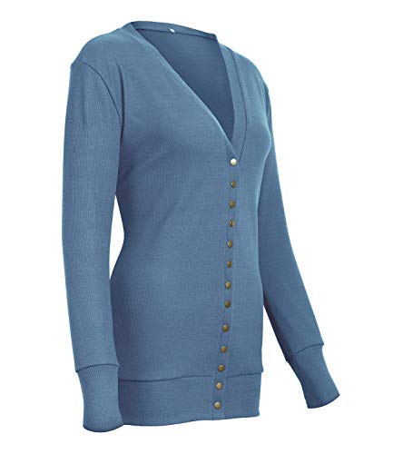 Women's V-Neck Solid Button Down KnitwearSoft Basic Long Sleeve Knit Snap Cardigan Sweater Blue L