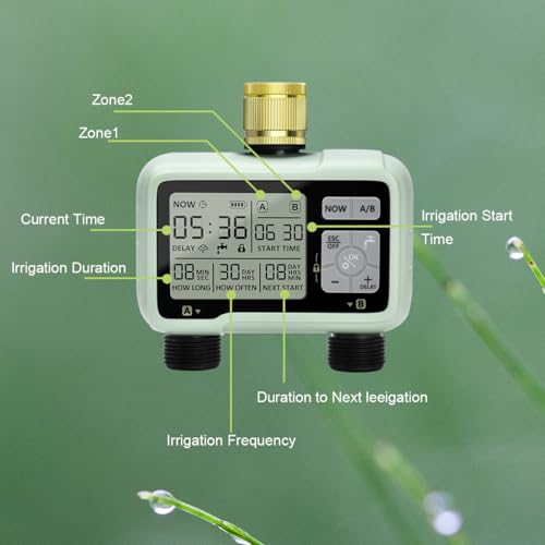 Johgee Sprinkler Timer 2 Zone Brass Inlet, Water Timer for Garden Hose Faucet 2 Outlet, Programmable Water Hose Timers Irrigation System Controller with Child Lock Mode, Auto & Manual Mode, Rain Delay