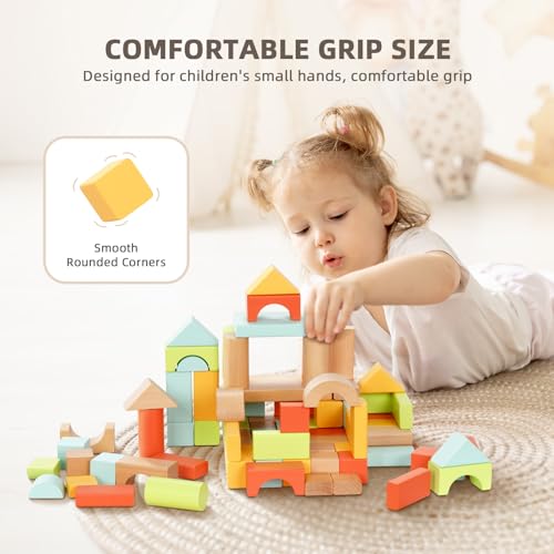 OOOK 100pcs Building Blocks for Toddlers 1-3, Wooden Blocks for Kids with Storage Bucket and Shape Sorter Lid, Montessori Toys for 1 2 3 Year Old, Learning Toys for Preschool Girls and Boys