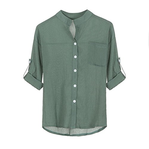 Click Here to See More Images NREALY Women Stand Collar Solid Long Sleeve Shirt Casual Blouse Button Down Tops (L, Green)