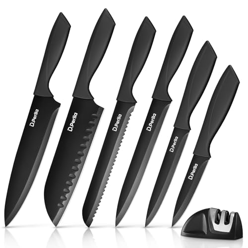 D.Perlla Professional Kitchen Knife Set with Sharpener 7 Pieces Stainless Steel Knives Chef Knife Ergonomic Handle, Black
