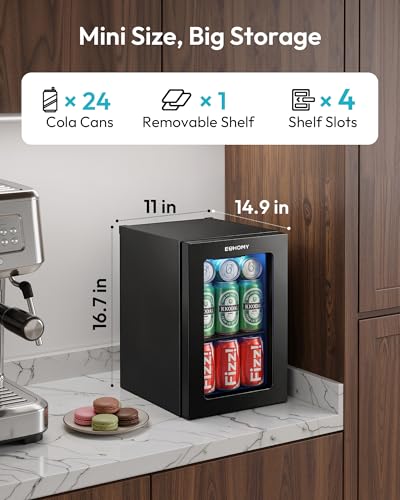 EUHOMY 18L Beverage Refrigerator Cooler, 24 Cans Mini Fridge with Quiet Compressor, Countertop Small Fridge with 40°F-61°F Digital Temperature Control, LED Lgiht for Home, Bar, Office