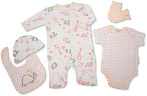 Baby 5 Piece Gift Set - Girls, Boys, 100% Cotton, Bodysuit, Sleepsuit, Bib, Baby Shower