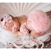Ylsteed Newborn Girl Photoshoot Outfits Lace Romper with Headband Baby Elegant Gorgeous Photography Outfit - Dots Pink