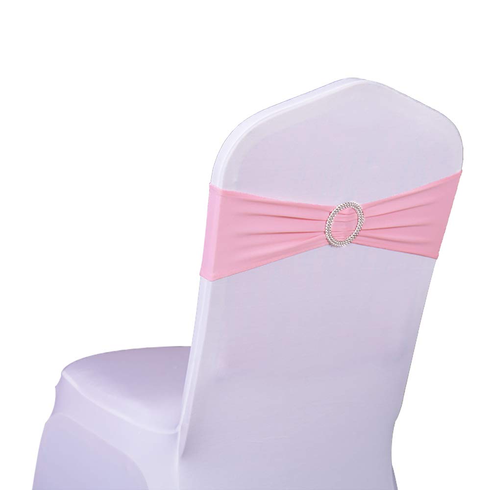 SINSSOWL 50PC Stretch Elastic Slider Chair Cover Band with Buckle for Wedding Decor Bow Lycra Chair Sashes-(Pink)