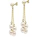 14K yellow Gold 4 Chain Dangle White Freshwater Cultured Pearl Stud Earrings for Women 6-6.5mm