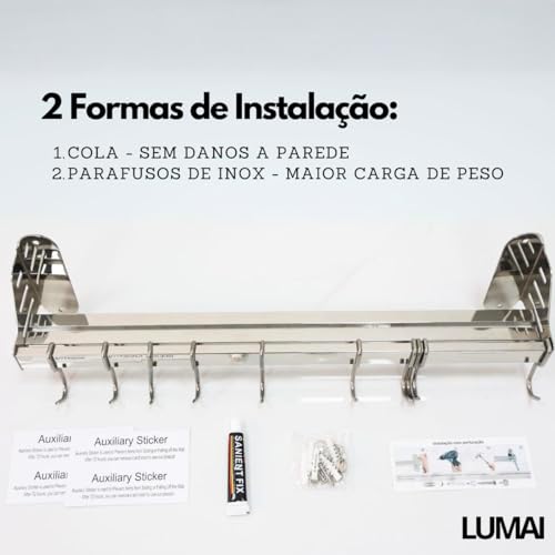 Lumai Suporte De Parede Cozinha com 10 Ganchos Móveis e Prateleira de Aço Inox 304 Para Pendurar Organizar Utensilios De Cozinha, Temperos, Facas e Panelas