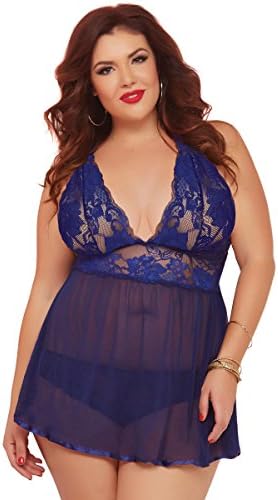 Lacy Line Sexy Lace and Mesh Plunging Neckline Plus Size Babydoll Set (1x/2x,Black)