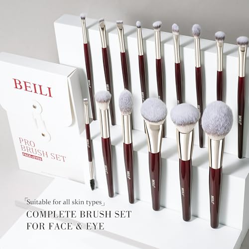 BEILI 15-Piece Makeup Brush Set, Professional Makeup Brushes for Liquid, Cream & Powder Eyeshadow, High-Density Bionic Bristles Vegan Cosmetic Brushes, Premium Burgundy Red