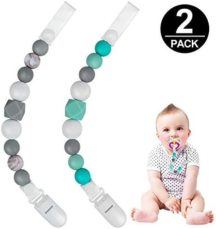Pacifier Clips, Komake 2 in 1 Teether Pacifier Clip Chewable Silicone Teething Beads BPA Free Binky Holder for Girls, Boys, Teether Toys, Soothie, Mam, Drool Bibs, 2 Pack (Green, Gray)