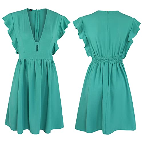 FANCYINN Women's Plunge Mini Dress V-Neck Ruffle Sleeve A Line
