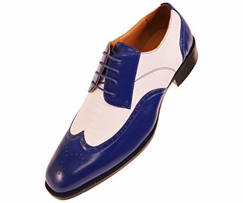 Bolano Mens Two-Tone Wingtip Smooth Royal and White Ostrich Leg Print Oxford Dress Shoe: Style Cambria Royal-052
