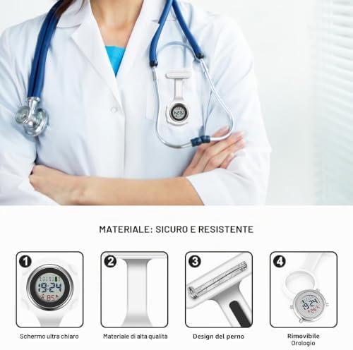 Orologio da Infermiere, Orologio per Infermieri in Silicone con Spilla, Infermieri Fob Medical Watch Quandrante Rotondo, Orologi da Tasca per Medici e Paramedico (Bianco)