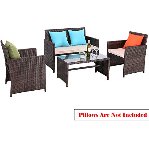 Do4U Outdoor Patio Furniture Set 4 Pcs PE Rattan Wicker Garden Sofa and Chairs Set with Beige Cushion with Table (Mix-Beige)