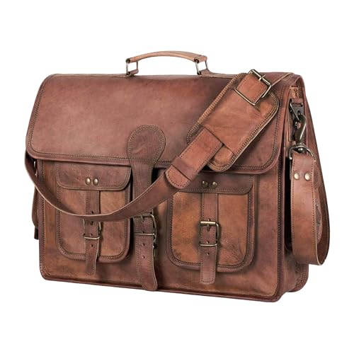 Leather Messenger Bag for Men and Women 18 inch Large Vintage Leather Briefcase Laptop Shoulder Bag Unisex Crossbody Messenger Satchel for Office, Business, Work, Travel