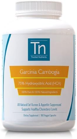 Trusted Nutrients 75% HCA Garcinia Cambogia Extract 180 Count: No Calcium, Non GMO, 1000mg Per Cap, Appetite Supperssant, Fat Burner, #1 Weight Loss Suppment by Trusted Nutrients