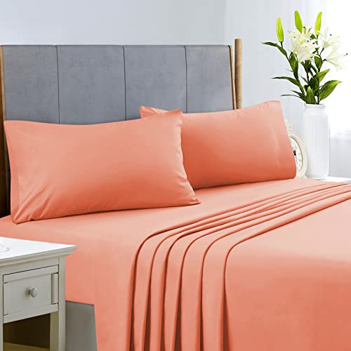 HOMEIDEAS Queen Size Bed Sheets 4 Piece Set (Coral) Extra Soft