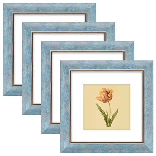 XUANLUO Picture Frame,Rustic Retro Photo Frame with HD Plastic Cover for Wall Mount,Display Family Friends Wedding Gift (Blue-4pcs, 8 x 8 inch)