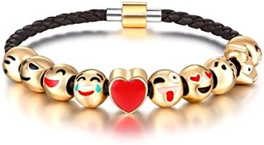 Eccosa New Trendy 18K Gold Plated Animals Emoji Faces Charms Bracelets with Black Leather Rope Chain for Women (6.30)