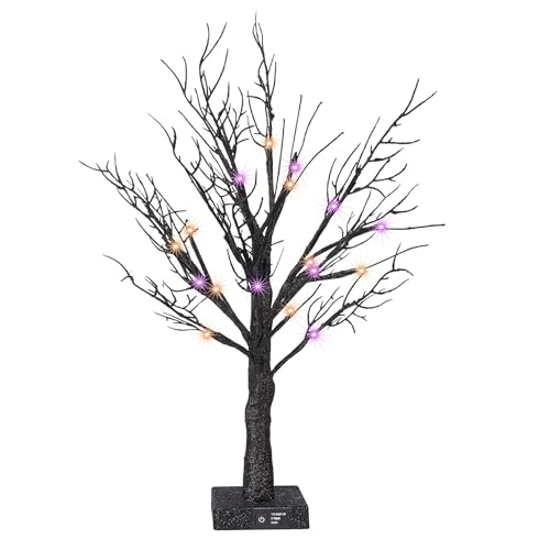 Dazzle Bright 20 Inch Orange & Purple Lighted Halloween Birches Tree Decor, 24 LED Battery Operated Halloween Decorations Artificial Black Spooky Tree with Timer for Indoor Home Holiday Xmas Party