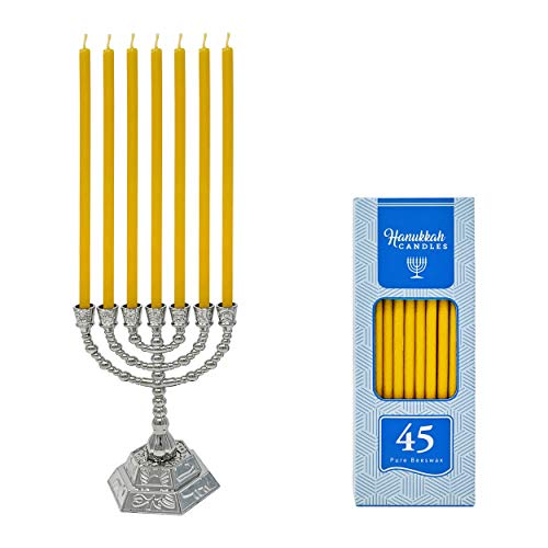 Votprof Small Silver Menorah for Chanukah + 45 Pure Beeswax Hannukah Candles, 100% Beeswax, Natural Honey Scent, Dripless, Smokeless, Natural Cotton Wick, Modern Menorah