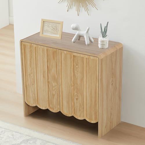 ORRD Accent Sideboard Buffet Cabinet, Storage Cabinet with 2 Doors, Farmhouse Wood Cabinet with Adjustable Shelves and Wave Panel for Living Room, Dining Room, Entry - Natural