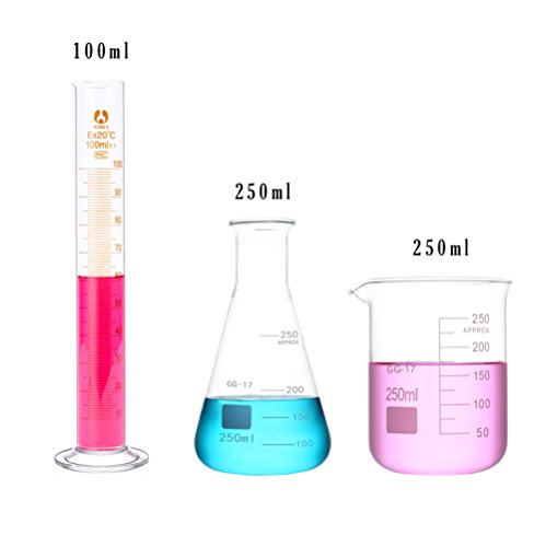250ml Beaker 250ml Flask and 100ml Cylinder Glass Measuring Set with 3 X 20CM Dropper, 1 X 30CM Stir Bar and 1 X Cylinder Brush Pack of 8 with Gifts Avalible