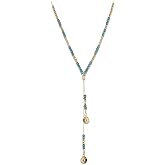 QLYOVWE Bohemian Turquoise Necklace for Women Vintage Turquoise Beaded Y-Necklace Dainty Disc Pendant Choker Necklace Minimalist Summer Beach Jewelry Gift