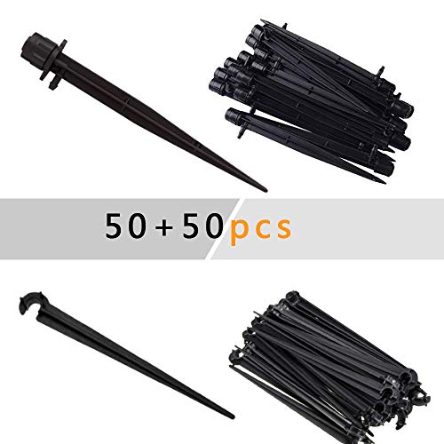 QMOEH Drip Emitters + Support Stakes (50 + 50pcs) Perfect for 4mm / 7mm Tube, Adjustable 360 Degree Water Flow Drip Irrigation System for Flower Beds, Vegetable Gardens, Herbs Gardens.