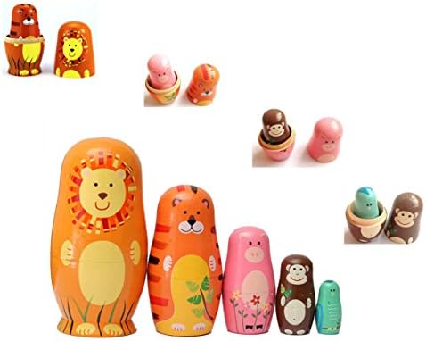 Moolon Nesting Animals Painted Wooden Nesting Dolls Cute Animal Pattern Russian Nesting Dolls Matryoshka Wood Nested Stacking Dolls Set of 5