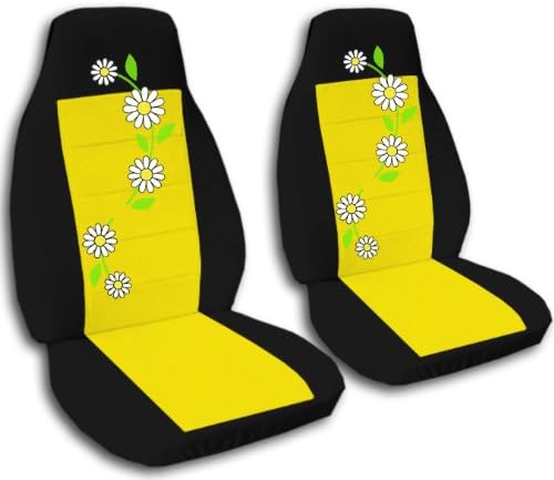 2 black and yellow daisy car seat covers for a 2000 Honda Civic.