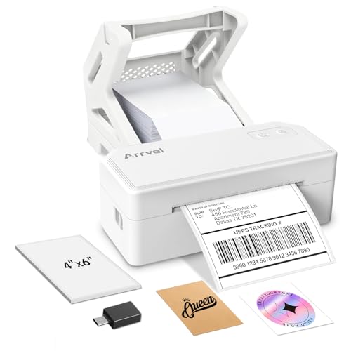 Arrvel Bluetooth Etikettendrucker mit Ständer, 4x6 Label Printer Thermodrucker für Versandetiketten, kabelloser Labeldrucker für Amazon DHL Etsy Shopify, iPhone
