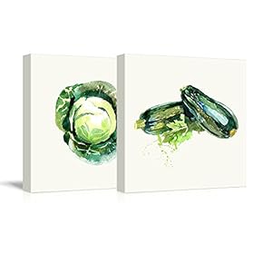 2 Panel Square Canvas Wall Art - Cabbage and Zucchini Watercolor | Fruits Watercolor Art and Illustrations - Giclee Print Gallery Wrap Modern Home Art Ready to Hang - 12"x12" x 2 Panels