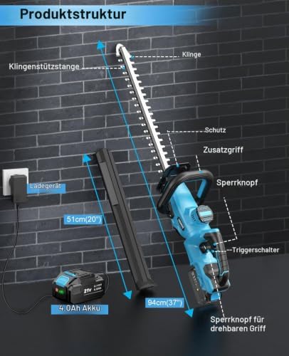 Heckenschere Akku, Heckenschere Elektrisch mit 4000mAh Akku, 180° Verstellbare Heckenschere, 51 cm Klingenlänge, 16 mm Zahnabstand, Klingenabdeckung für Hecken, Äste, Sträucher, Zweige
