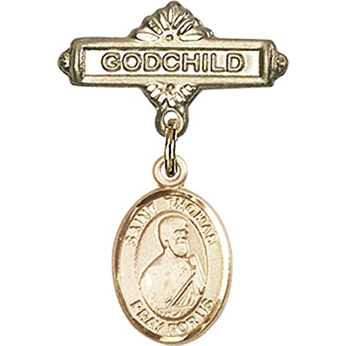 14kt Yellow Gold Baby Badge with St. Thomas the Apostle Charm and Godchild Badge Pin 1 X 5/8 inches