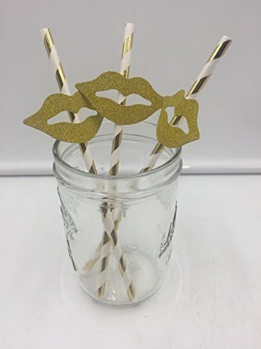 Glitter Striped Paper LIPS STRAWS Set of 25pcs LipSense Distributor Wedding Party Favor (gold)