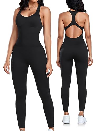 OLCHEE Womens Workout Jumpsuits Seamless Yoga Gym Bodycon Rompers Sexy Racerback Tummy Control Padded Bra Unitard