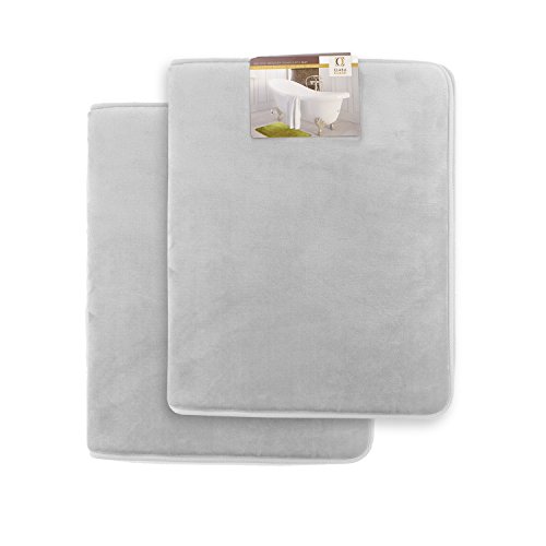Clara Clark Memory Foam Bathrug 2 Pack Set - Silver - Bath Mat and Shower Rug Small 17" x 24" Inches, Non Slip Latex Free Plush Microfiber. Comfortable, Beautiful and Maximum Absorbency.